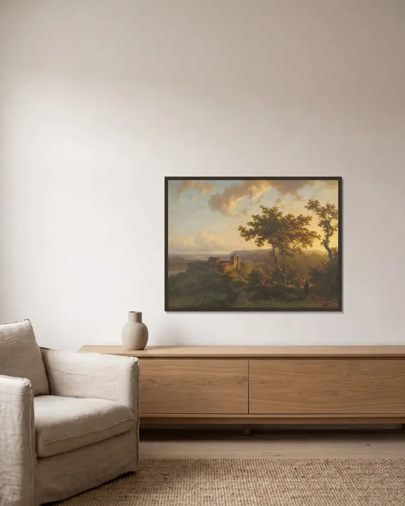Skogslandskap med slott av Barend Cornelis Koekkoek inramad på en vägg