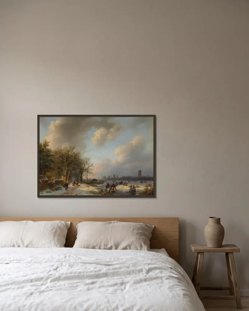Schlittschuhläufer auf einem Wasserweg mit einem Koek-en-Zopie im Hintergrund von Barend Cornelis Koekkoek gerahmt an einer Wand