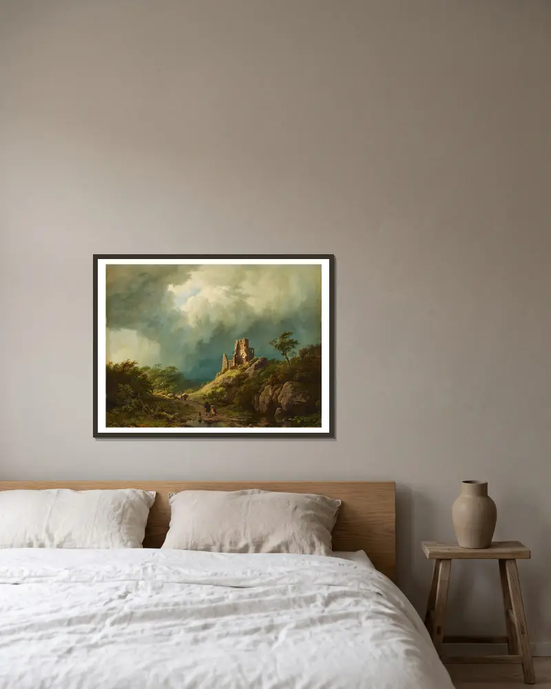 Travellers passing a ruined castle in a stormy landscape av Barend Cornelis Koekkoek inramad på en vägg