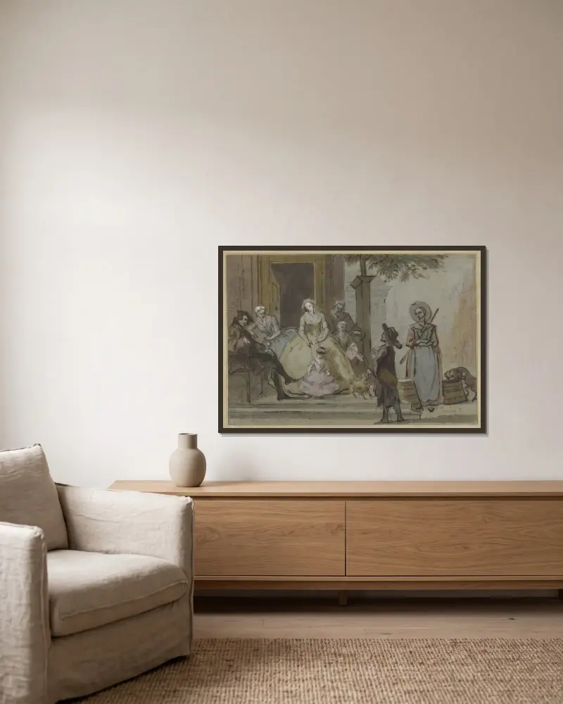 Positivspelare för en lyssnande familj på trappan till ett stadshus av Cornelis Troost inramad på en vägg