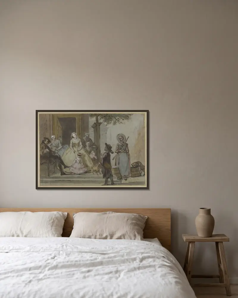 Positivspelare för en lyssnande familj på trappan till ett stadshus av Cornelis Troost inramad på en vägg