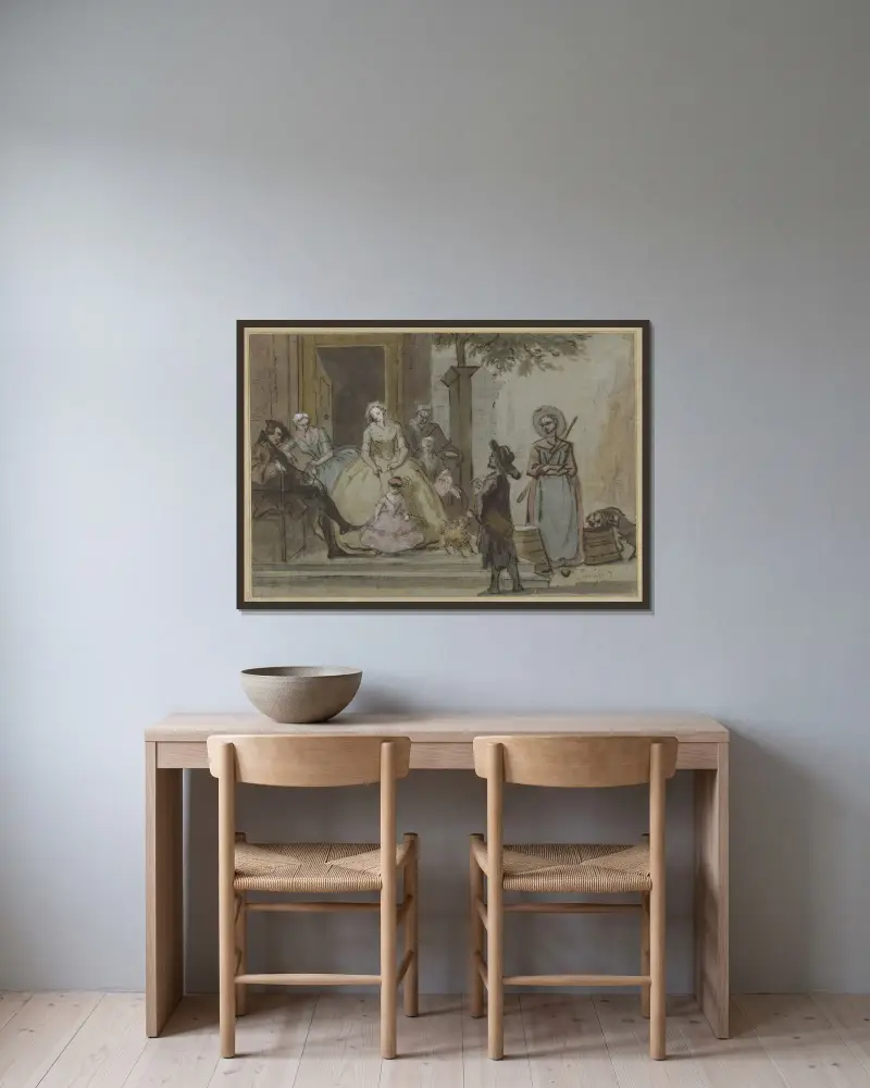 Positivspelare för en lyssnande familj på trappan till ett stadshus av Cornelis Troost inramad på en vägg