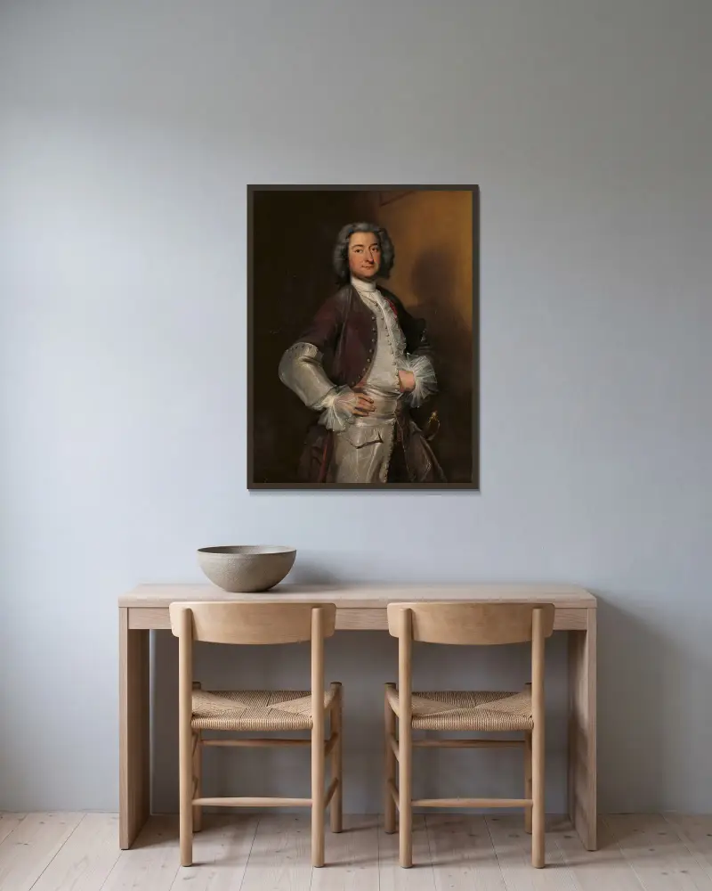 Porträtt av Isaac Sweers, chefsämbetsman i Amsterdam och guvernör för Nederländska Ostindiska Kompaniet av Cornelis Troost inramad på en vägg