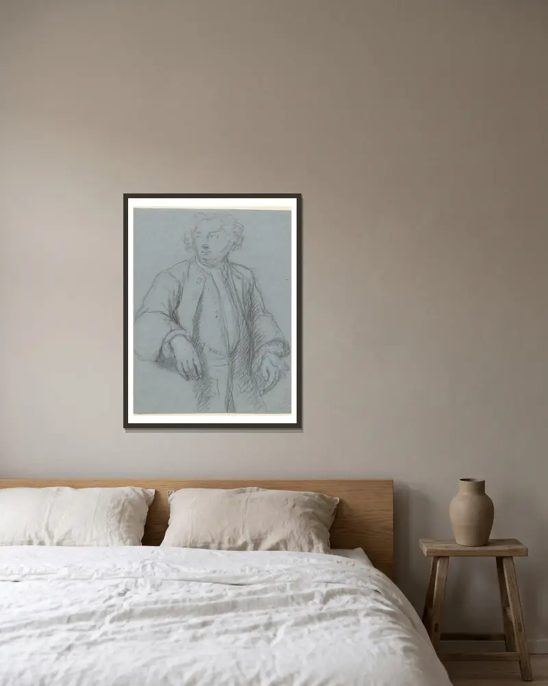 Porträtt av en okänd man i lång rock, trekvartsprofil vänd åt vänster av Cornelis Troost inramad på en vägg