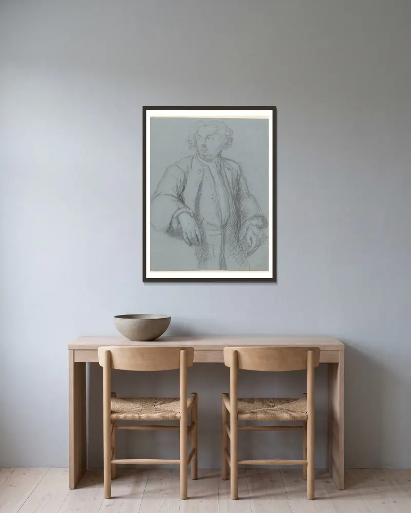 Porträtt av en okänd man i lång rock, trekvartsprofil vänd åt vänster av Cornelis Troost inramad på en vägg