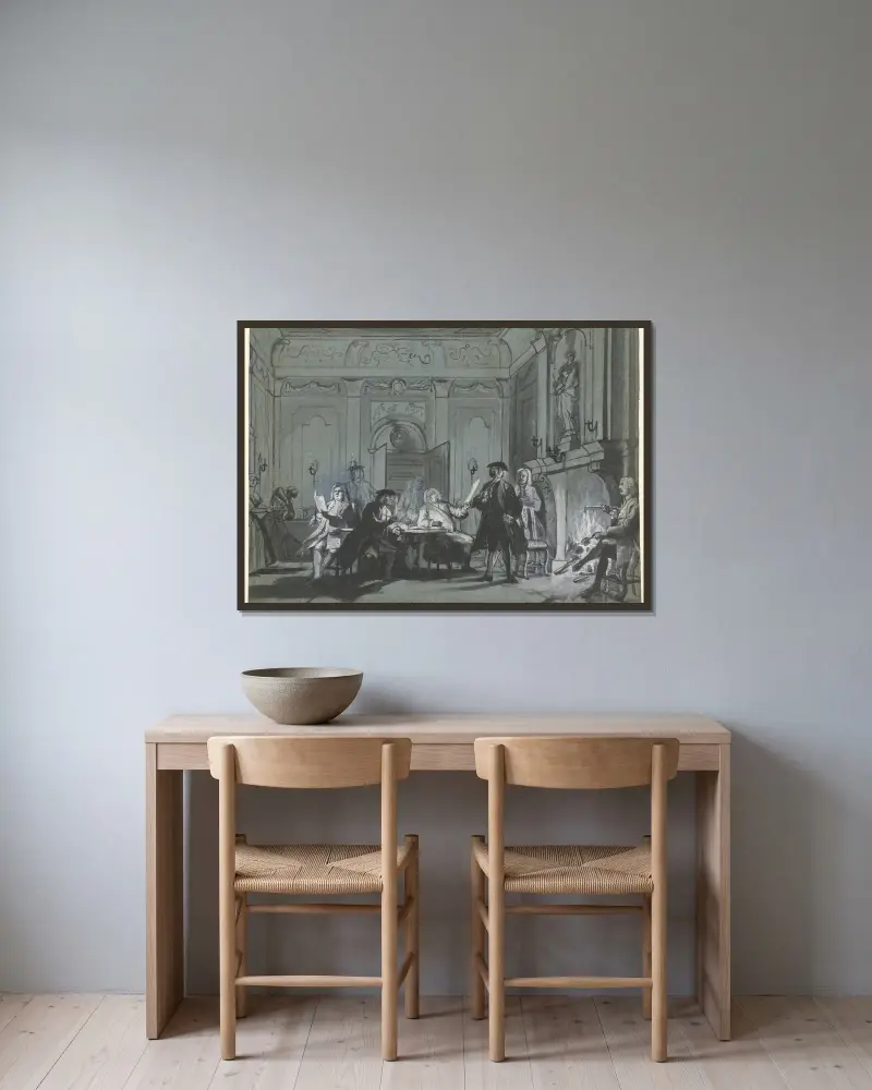 Sammankomst med konstbetraktelse av Cornelis Troost inramad på en vägg