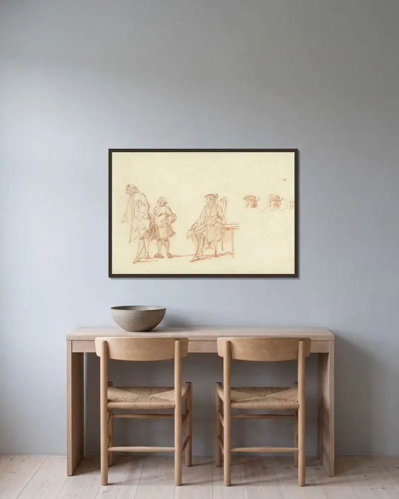 Studieblad med två stående män och en sittande man vars huvud upprepas tre gånger av Cornelis Troost inramad på en vägg