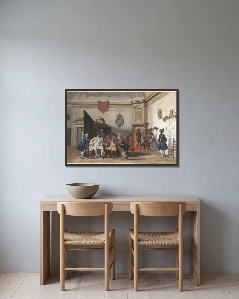 Vaktrum med läsande, rökande och kortspelande officerare av Cornelis Troost inramad på en vägg