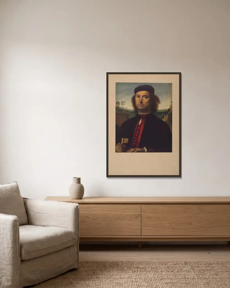 Perugino, Porträtt av Francesco delle Opere av Corrado Ricci inramad på en vägg
