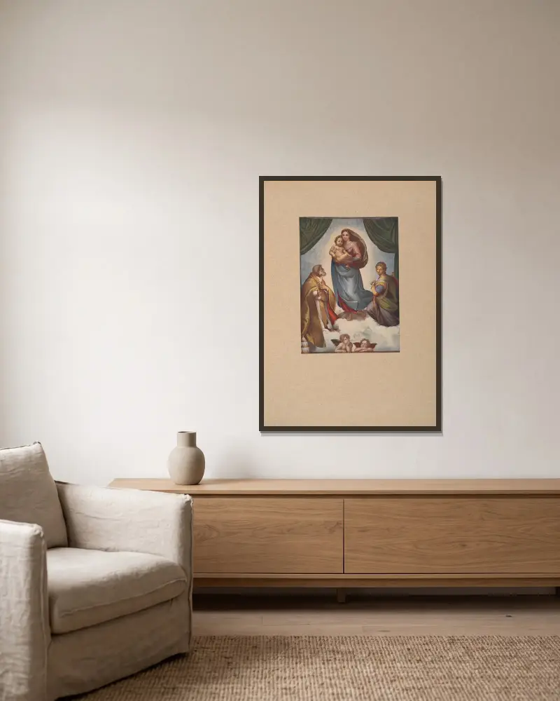 Raffael, Sixtinische Madonna von Corrado Ricci gerahmt an einer Wand