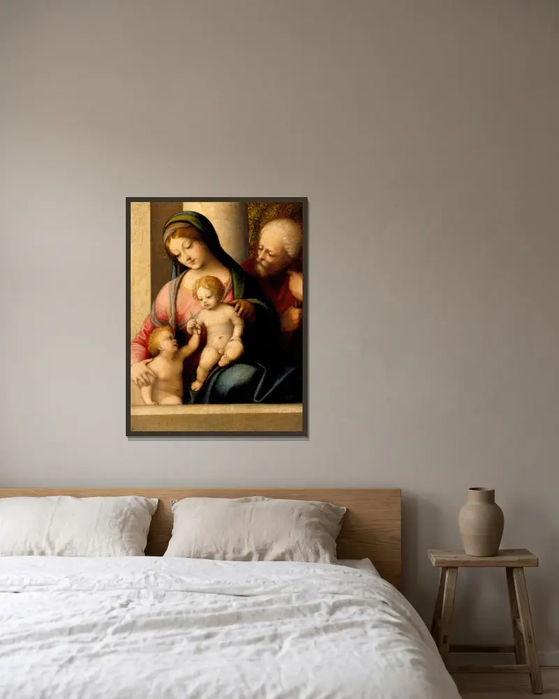 Den heliga familjen med Johannes Döparen som barn av Correggio inramad på en vägg
