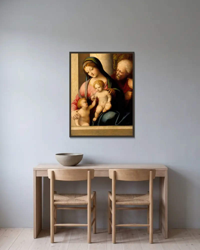 Den heliga familjen med Johannes Döparen som barn av Correggio inramad på en vägg