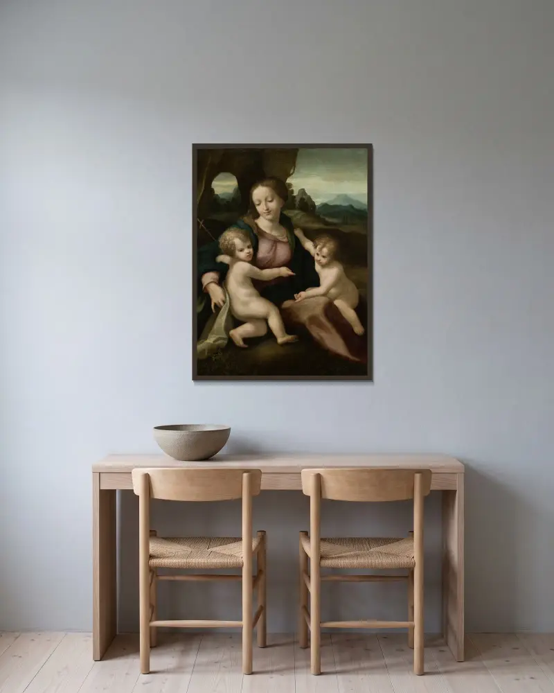 Madonnan med barnet och Johannes Döparen som barn av Correggio inramad på en vägg