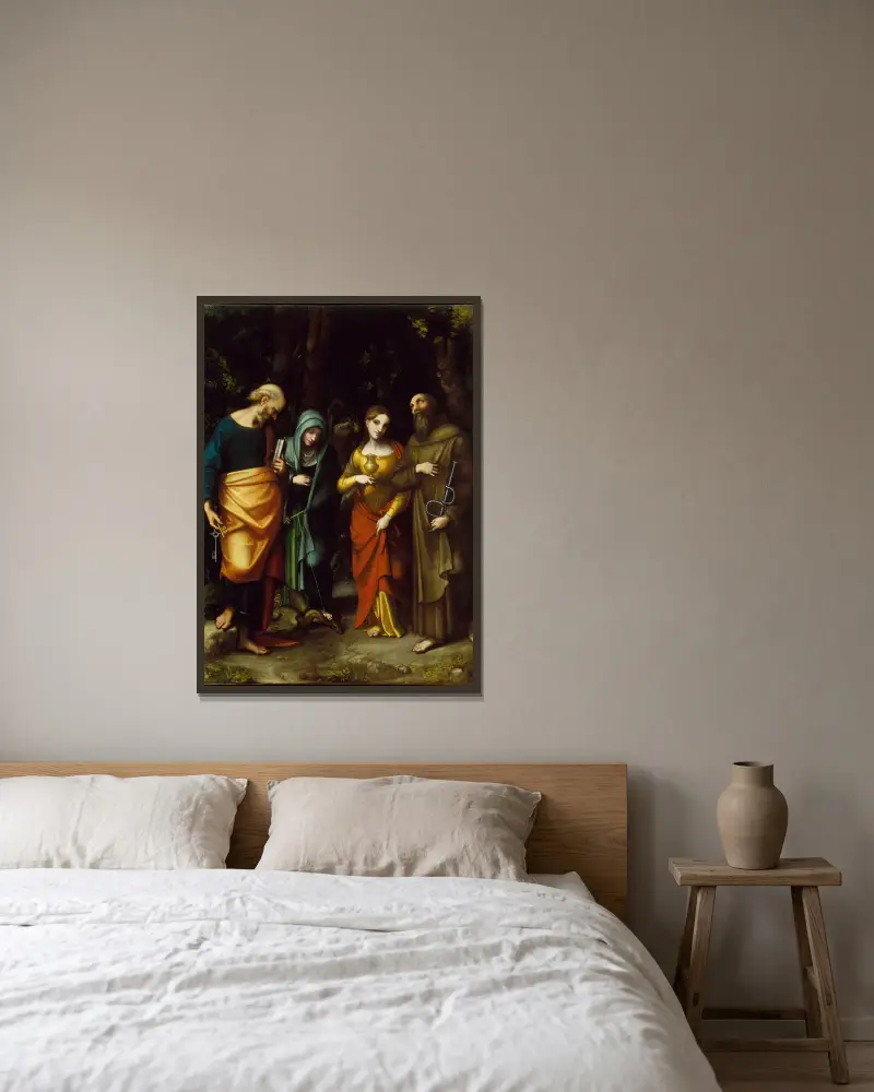 Die Heiligen Petrus, Martha, Maria Magdalena und Leonhard von Correggio gerahmt an einer Wand