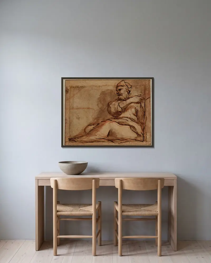 Sitzende Figur, nach links gewandt von Correggio gerahmt an einer Wand