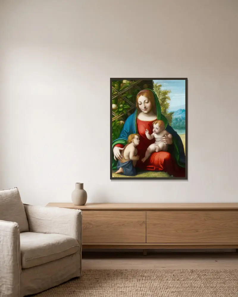 Madonna mit Kind und dem jungen Johannes dem Täufer von Correggio gerahmt an einer Wand