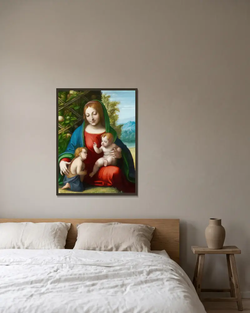 Madonna mit Kind und dem jungen Johannes dem Täufer von Correggio gerahmt an einer Wand