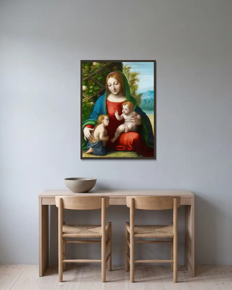 Madonna mit Kind und dem jungen Johannes dem Täufer von Correggio gerahmt an einer Wand