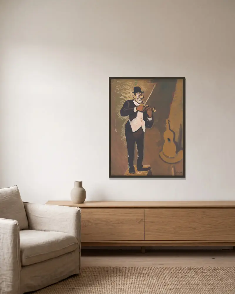 Clown, Violine spielend von Cyprián Majerník gerahmt an einer Wand