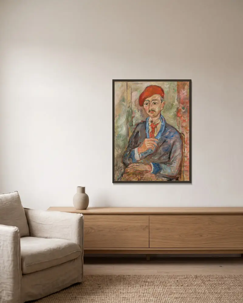 Portret mężczyzny w czerwonym berecie (Władysław Piasecki), Tytus Czyżewski w ramie na ścianie