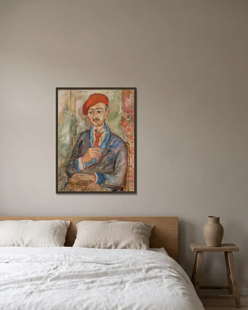 Portret mężczyzny w czerwonym berecie (Władysław Piasecki), Tytus Czyżewski w ramie na ścianie