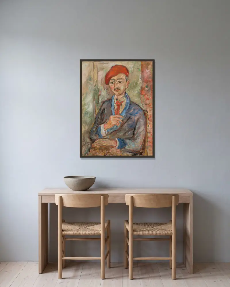 Portret mężczyzny w czerwonym berecie (Władysław Piasecki), Tytus Czyżewski w ramie na ścianie