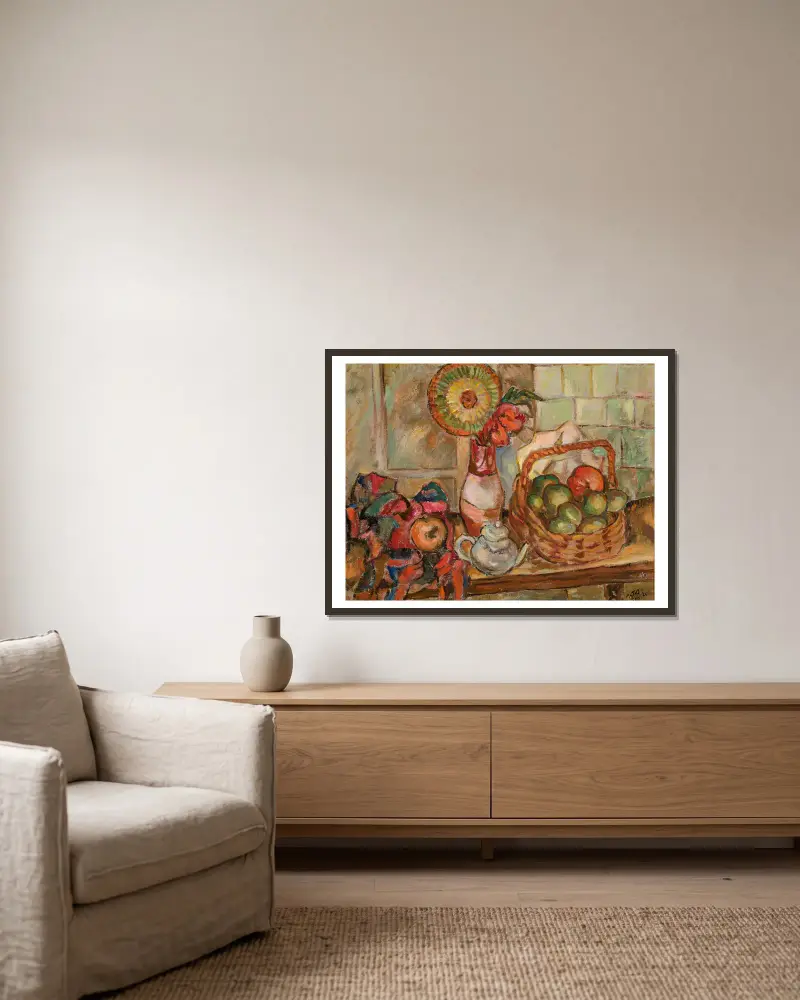 Stillleben mit Korb von Tytus Czyżewski gerahmt an einer Wand
