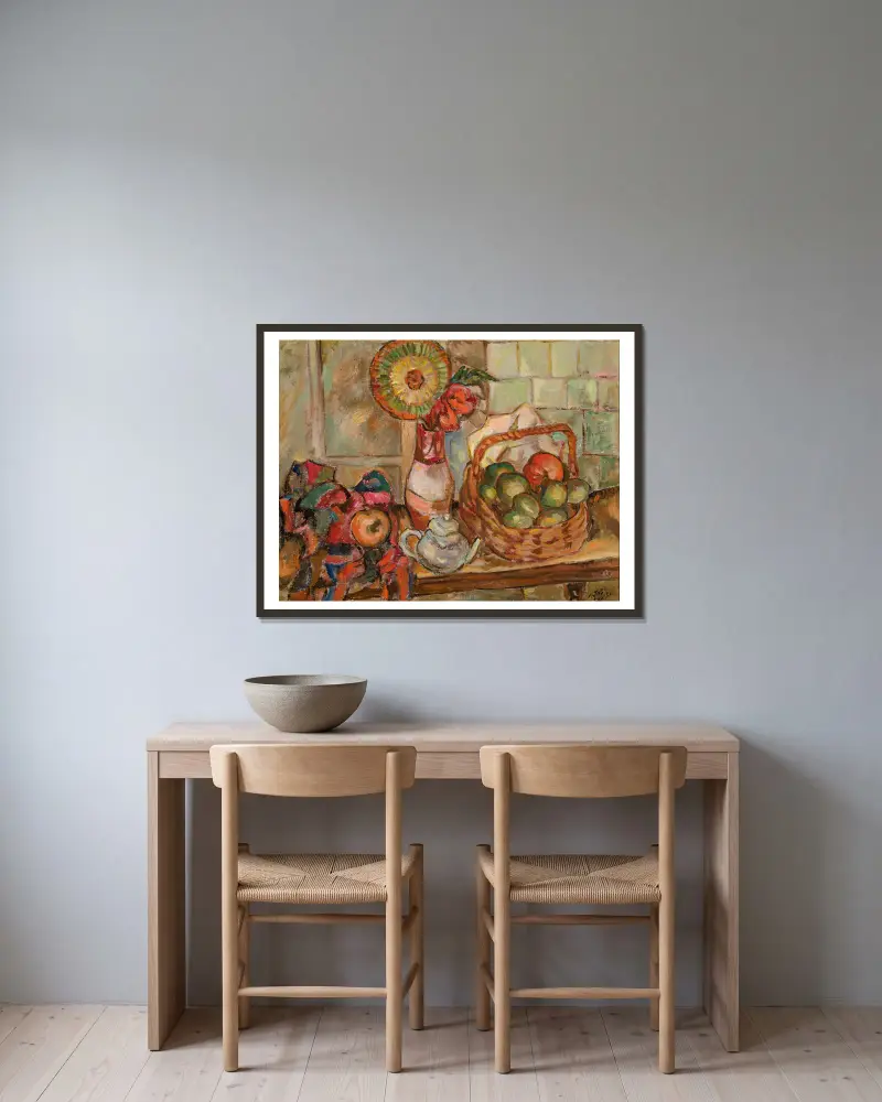 Stillleben mit Korb von Tytus Czyżewski gerahmt an einer Wand