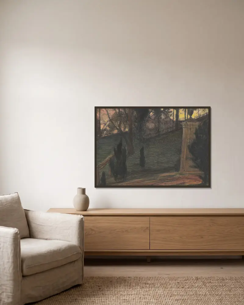 Fragment av en trädgård med en urna på en piedestal av Feliks Jabłczyński inramad på en vägg