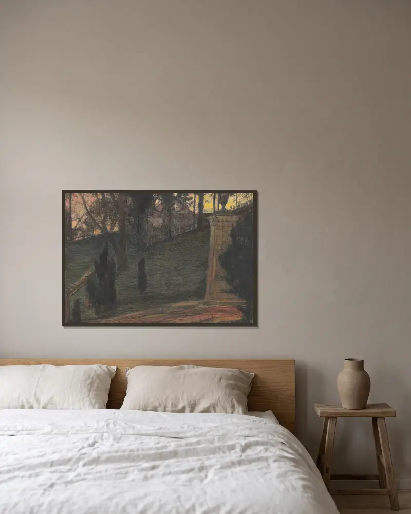 Fragment av en trädgård med en urna på en piedestal av Feliks Jabłczyński inramad på en vägg