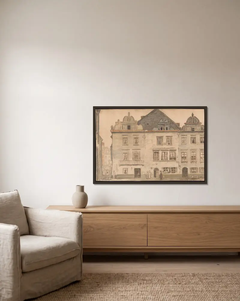 Gamla stadens hus i Warszawa av Feliks Jabłczyński inramad på en vägg