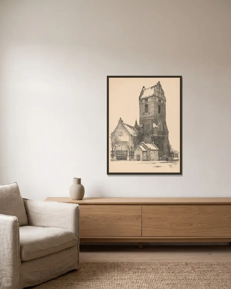 Jungfru Marias kyrka i Nowe Miasto, 1916 av Feliks Jabłczyński inramad på en vägg