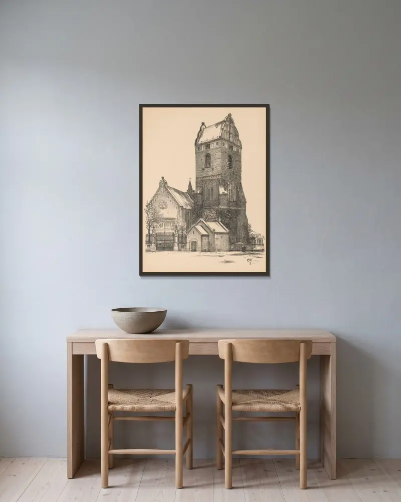 Jungfru Marias kyrka i Nowe Miasto, 1916 av Feliks Jabłczyński inramad på en vägg
