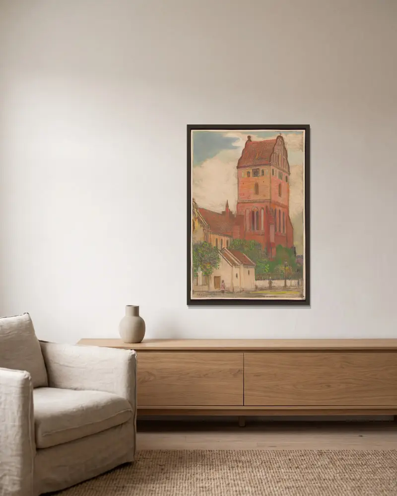 Jungfrau-Maria-Kirche in Nowe Miasto, 1913 von Feliks Jabłczyński gerahmt an einer Wand