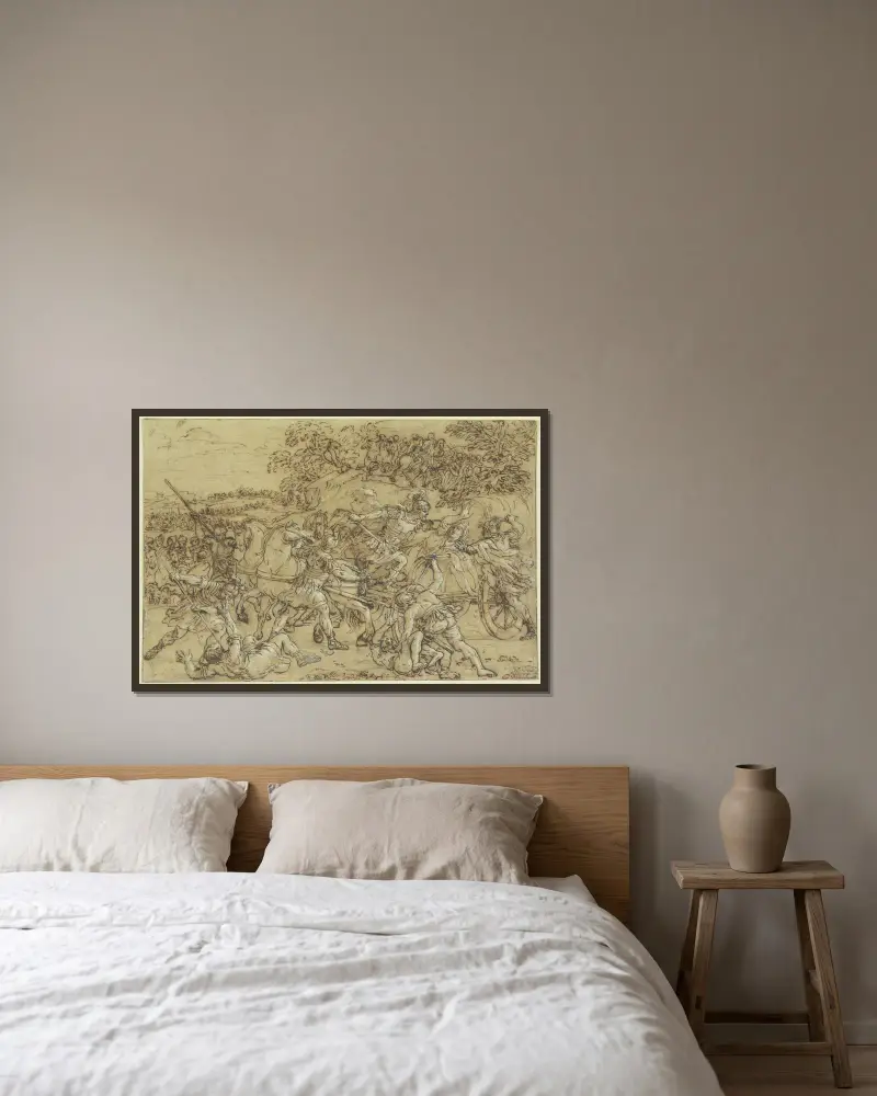 Slaget vid Issos av Pietro da Cortona inramad på en vägg