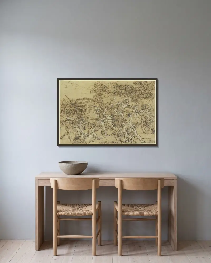 Slaget vid Issos av Pietro da Cortona inramad på en vägg