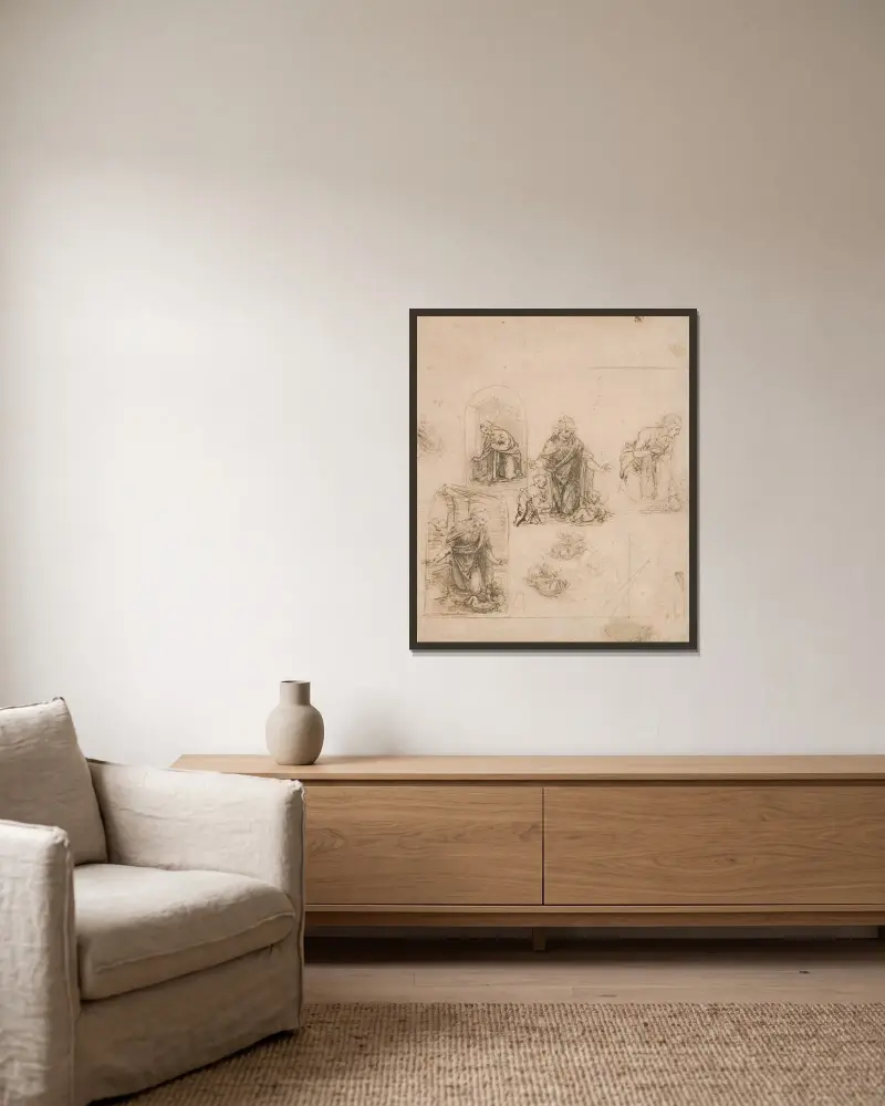Kompositionsskizzen für die Madonna, die das Christuskind anbetet, mit und ohne den Johannesknaben; Diagramm einer perspektivischen Projektion von Leonardo da Vinci gerahmt an einer Wand