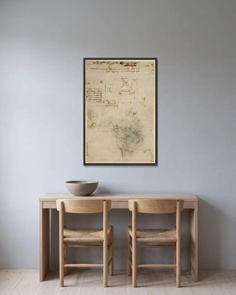 Kopf eines alten Mannes und Maschinenstudien von Leonardo da Vinci gerahmt an einer Wand