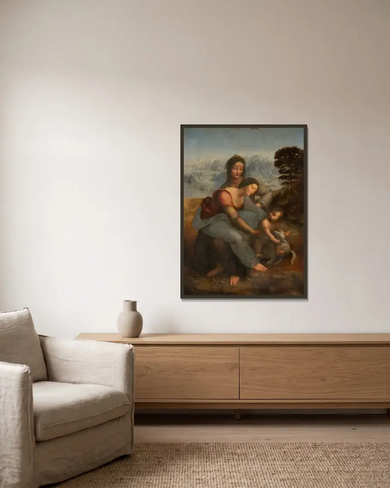 Die Jungfrau und das Kind mit der heiligen Anna von Leonardo da Vinci gerahmt an einer Wand