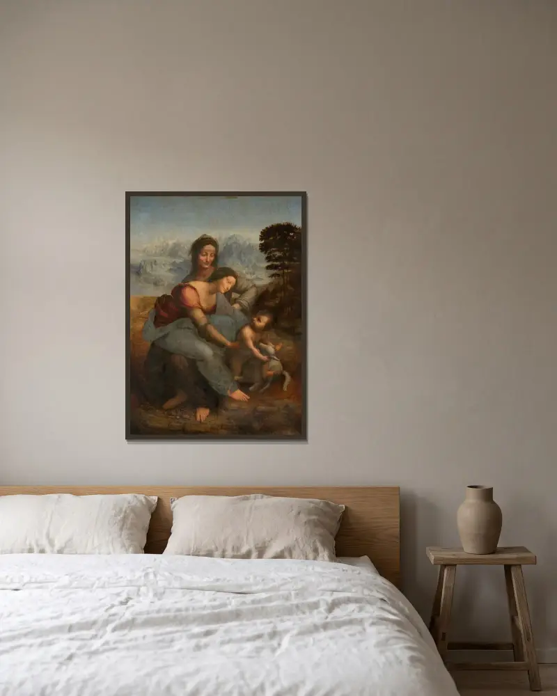 Die Jungfrau und das Kind mit der heiligen Anna von Leonardo da Vinci gerahmt an einer Wand