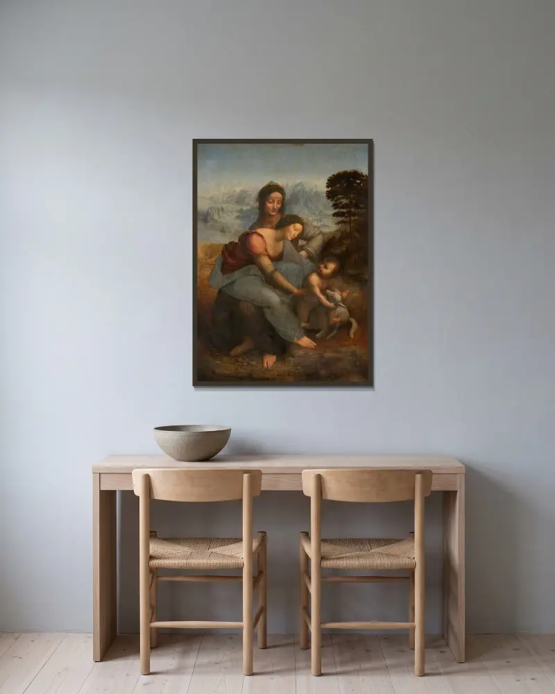 Die Jungfrau und das Kind mit der heiligen Anna von Leonardo da Vinci gerahmt an einer Wand
