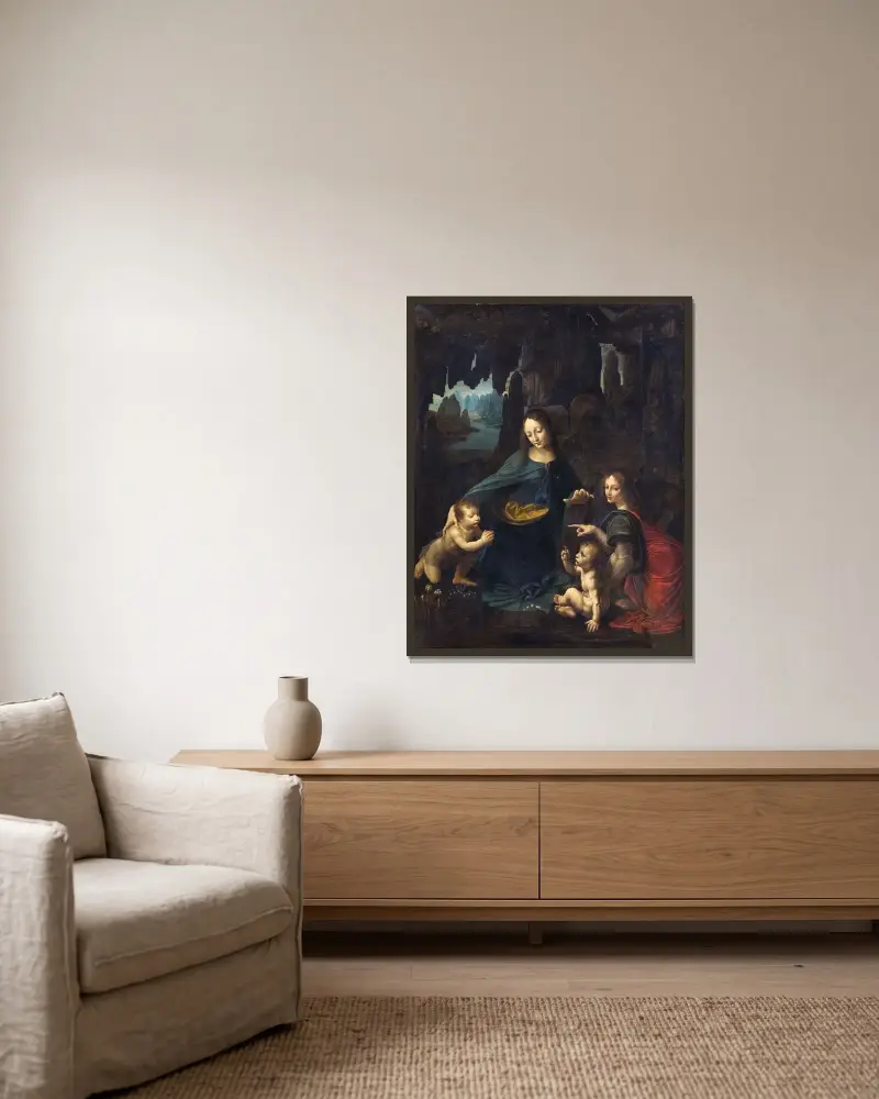 Die Felsengrottenmadonna von Leonardo da Vinci gerahmt an einer Wand
