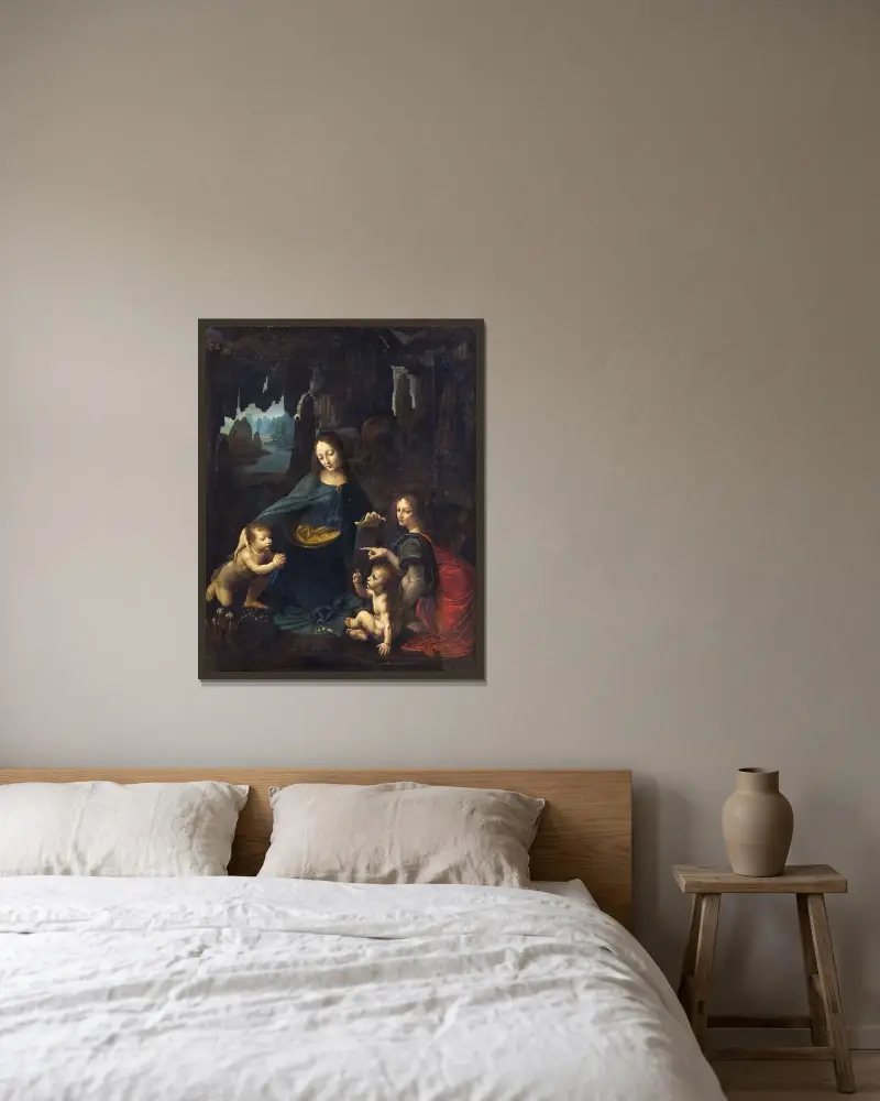 Die Felsengrottenmadonna von Leonardo da Vinci gerahmt an einer Wand
