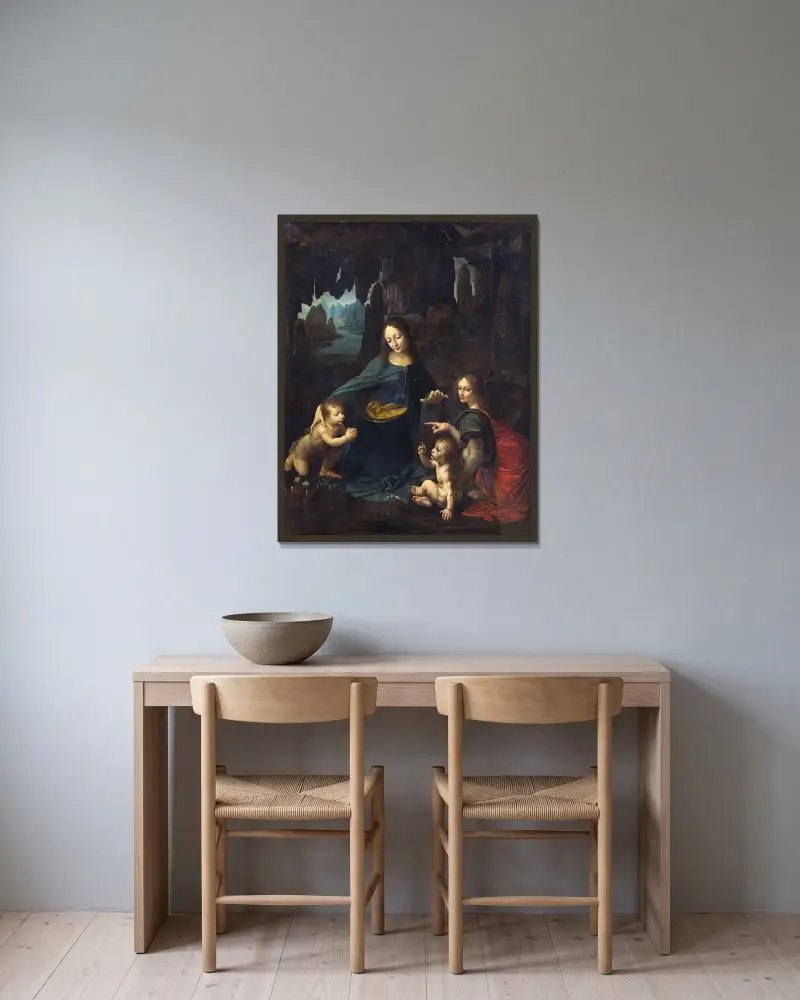 Die Felsengrottenmadonna von Leonardo da Vinci gerahmt an einer Wand
