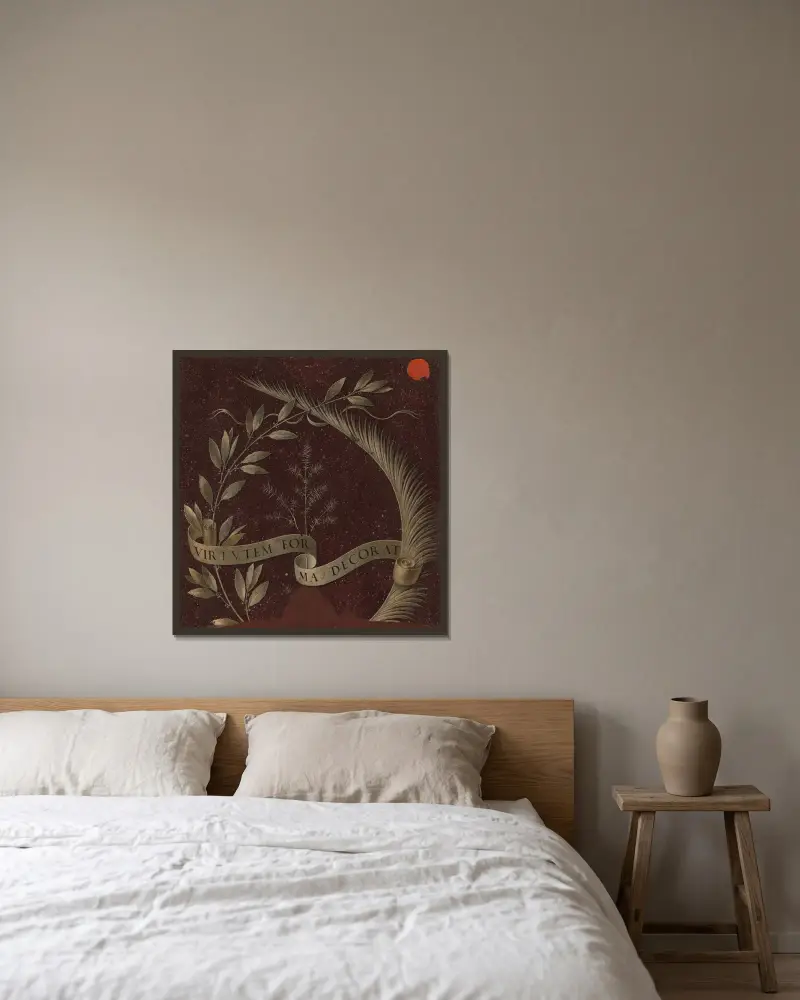 Wieniec z liści laurowych, palmowych i jałowcowych ze zwojem z napisem Virtutem Forma Decorat, Leonardo da Vinci w ramie na ścianie