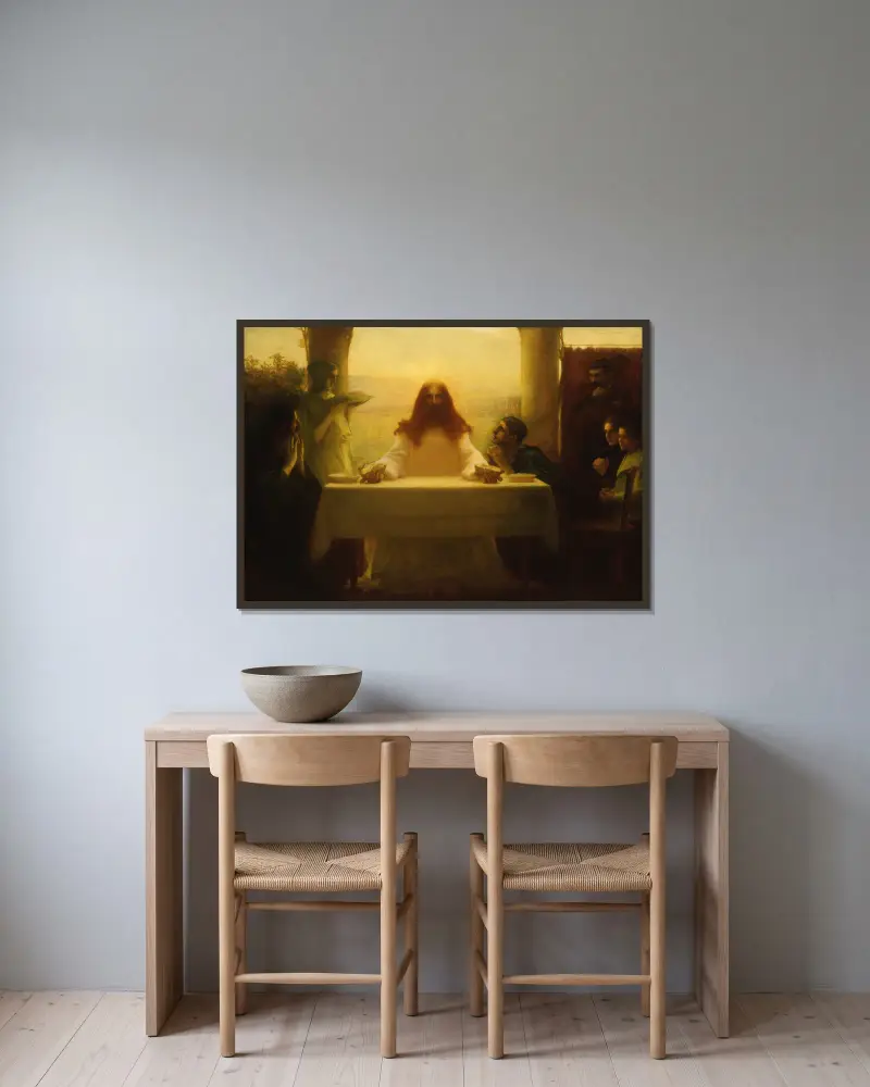 Kristus och pilgrimerna i Emmaus av Pascal-Adolphe-Jean Dagnan-Bouveret inramad på en vägg