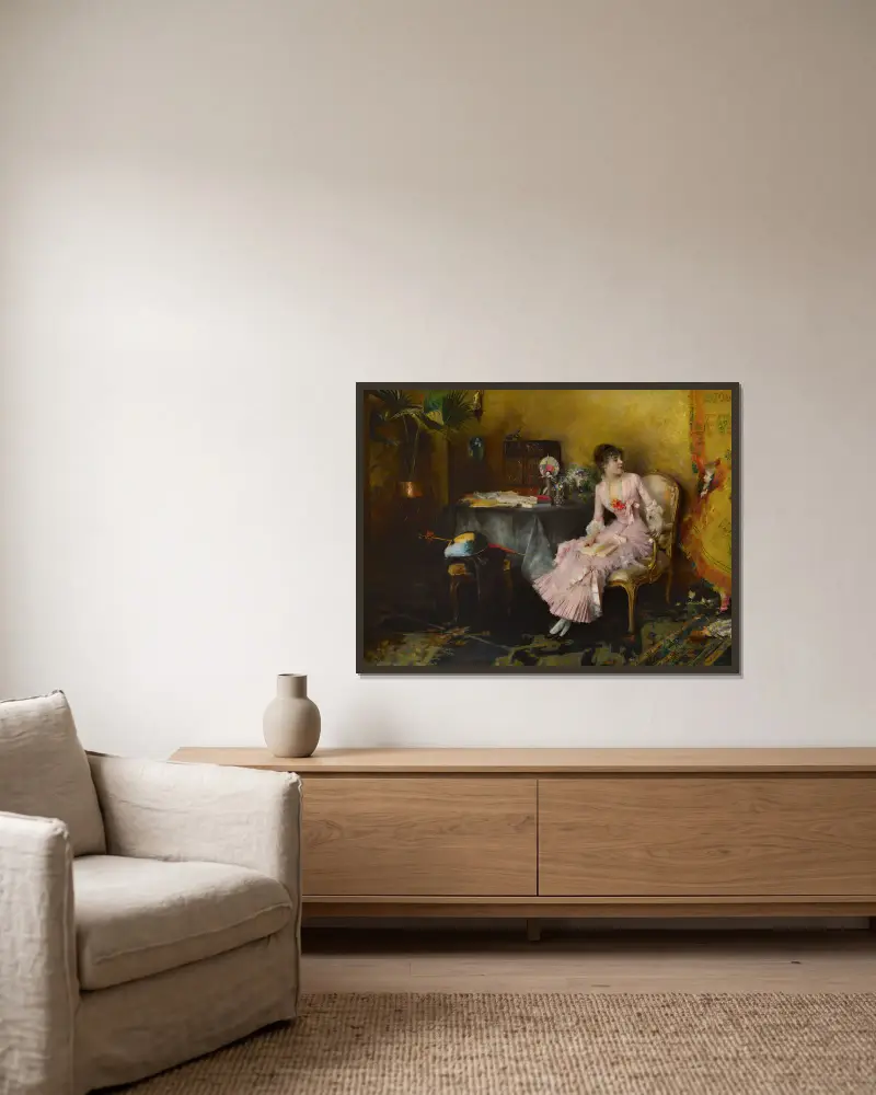 Ung kvinna i rosa med sitt barn av Pascal-Adolphe-Jean Dagnan-Bouveret inramad på en vägg