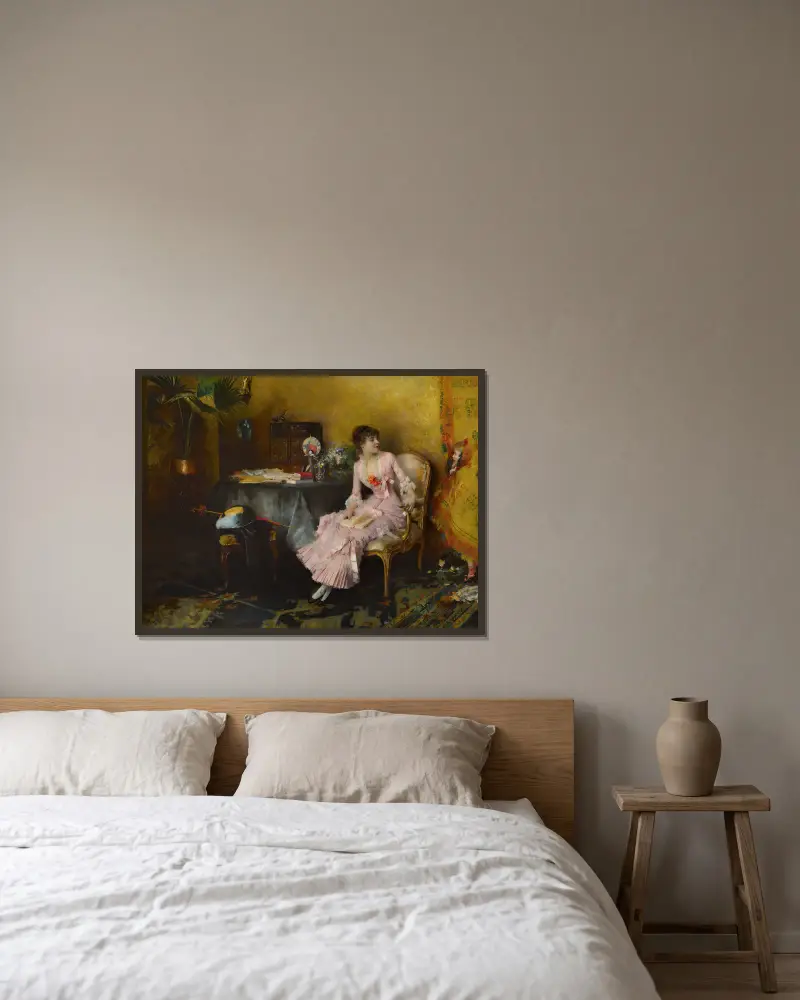 Ung kvinna i rosa med sitt barn av Pascal-Adolphe-Jean Dagnan-Bouveret inramad på en vägg