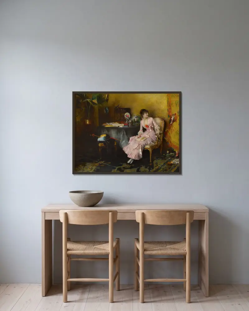 Ung kvinna i rosa med sitt barn av Pascal-Adolphe-Jean Dagnan-Bouveret inramad på en vägg
