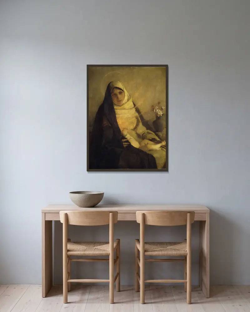 Madonnan med rosen av Pascal-Adolphe-Jean Dagnan-Bouveret inramad på en vägg